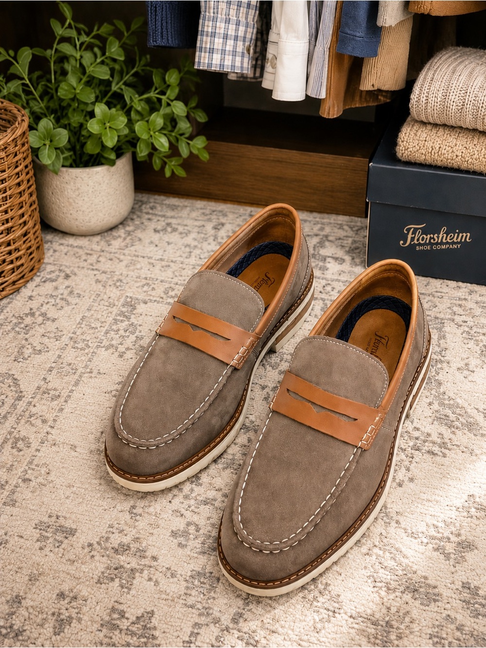 Florsheim Taupe Suede Penny Loafers with Tan Strap